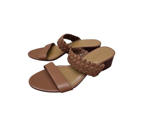Coach Shoes - Coach Mia Soft Vegan Leather Woven Ankle Strap Brown Low Heel Sandals, Size 8.5